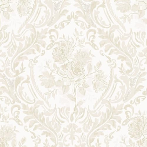 Ismoon Floral Peel and Stick Wallpaper Vintage Beige Contact Paper Boho Watercolor Damask Wall Paper Textured Removable Self Adhesive Vinyl Wallpaper for Cabinet Bedroom Wall Decor, 17.3x393in