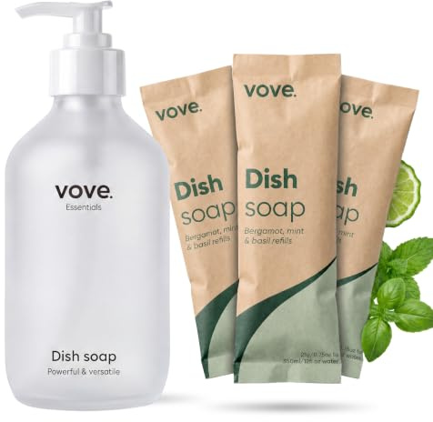 Vove Detergente para lavavajillas con dispensador de bomba de vidrio recargable y 3 recargas, menta bergamota y albahaca, polvo a gel, concentrado a base de plantas, embalaje sin plástico