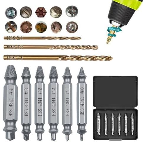 9 Pcs Damaged Screw Extractor Set, HSS Screw Extractor Remover Kit with 3 Twist-Drill Bit, Bolt Extractors Set for for Damaged Broken Stripped Rusted Stubborn Screws