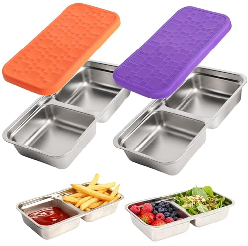 2 Pack Stainless Steel 2 Compartment Snack Box with Leakproof Silicone Lid | 300ml Capacity, Bento Lunch Box, Reusable, Dishwasher & Oven Safe, for Adults, Students, School, Work, Travel, Picnic