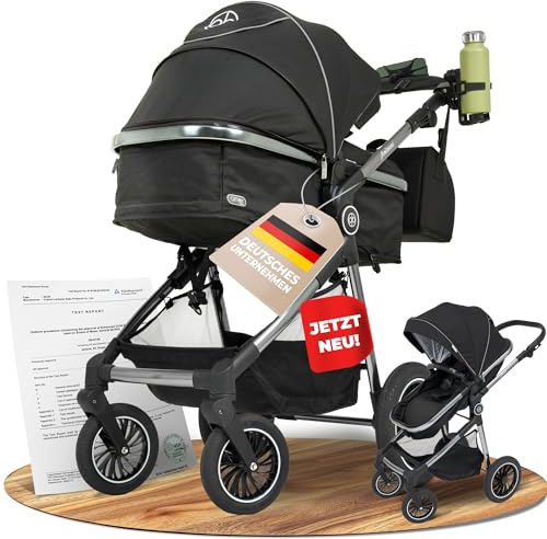 Kinderwagen 2 in 1 [Babywanne & Sportsitz] Buggy mit Aluminium-Gestell | Kinderbuggy Höhenverstellbarer Griff | Stroller Baby Leicht klappbarer Reisebuggy mit Zubehör-Set | Buggys – AMOR BABY®