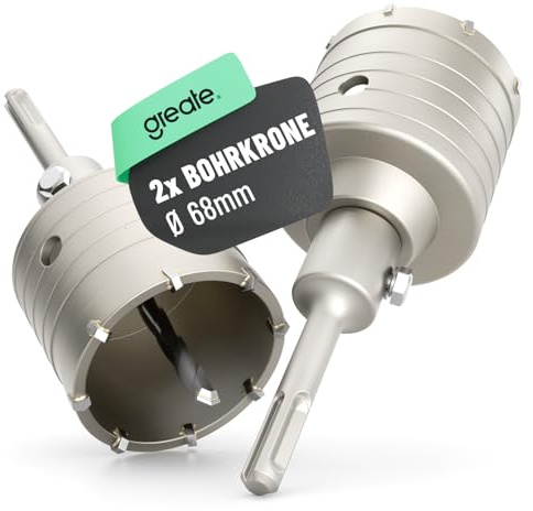 greate Corona a tazza 68 mm SDS Plus con punta di centraggio | Confezione da 2 - Fresa 68 mm cartongesso Corona SDS Plus per prese muratura, cemento, mattone & pietra Punta, svasatore, cav