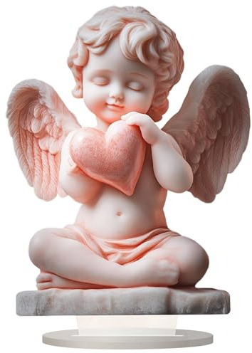 Ameble Decorazione con Angelo, Figura realistica in Acrilico 2D, Decorazione dettagliata con Cupido Che Tiene Il Cuore, Ornamenti con Angelo da 7, 5 x 10 Pollici con Base per casa, Ufficio.