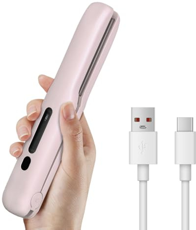 Gosect Cordless Hair Straightener, Mini Travel Flat Iron Rechargeable for Women, Portable Hair Straightener and Curler 2-in-1, Fast Heating, Adjustable Temp for On-The-Go Styling(Pink)