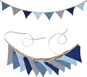 Ghirlanda di bandierine in cotone double face, blu grigio per camera da | Per letto capanna e festa, tessuto naturale, lavabile, decorazione da parete, bandierine, elegante, universale, casa