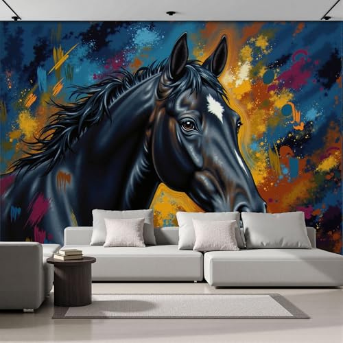 Fotomural Efecto Pintura Al Óleo De Caballo Oscuro 3D Papel Tapiz, Animales Arte Moderno Decoración De La Pared Murales, Sala De Estar Dormitorio Papel Pintado 250 × 175 Cm