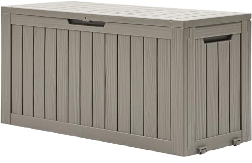 DWVO 270L Outdoor Resin Deck Box with Wheels, Waterproof Garden Storage Box for Patio Cushions, Sports Gear & Garden Tools, Lockable, Light Brown