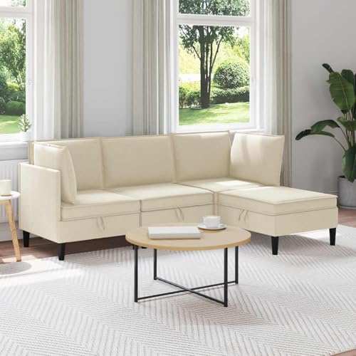 sephironlbb Wohnzimmergarnitur 4-teilig Creme Stoff Polstergarnitur mit Ottomane und Hocker, Ecksofa mit Schlaffunktion, Federkern, Stauraum und Liegefunktion für Wohnzimmer und Gästezimmer