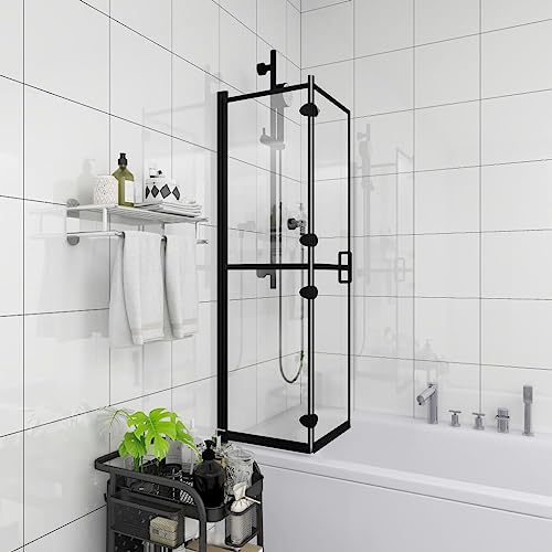 QUAHEAS Cabina de ducha plegable ESG con perfil de aluminio negro 100 x 140 cm, mampara de ducha con bisagra de nailon y asa, puerta de ducha sin marco para baño