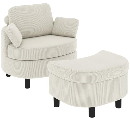 HOMCOM Sessel Loungesessel mit Aufbewahrungshocker, Kissen Cremeweiß | Verstellbare Kopfstütze, Polstersessel, Breiter Sitzfläche, Bequem Relaxsessel aus Cord-Optik, Wohnzimmer, Schlafzimmer