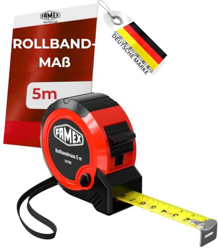 FAMEX Mètre ruban enrouleur de 5 m - Avec butée, clip de ceinture et dragonne - Mètre ruban robuste avec échelle facile à lire - Outil de mesure précis pour artisans, bricoleurs, chantier et atelier