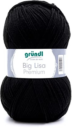 Gründl Big Lisa Premium Häkelgarn 1 Knäuel 250 g, Schwarz | Häkelgarn mit wollartigem Charakter, pflegeleichtes Garn aus 100 % Polyacryl, 250 g / 665 m, Nadelstärke: 3,5 - 4,5