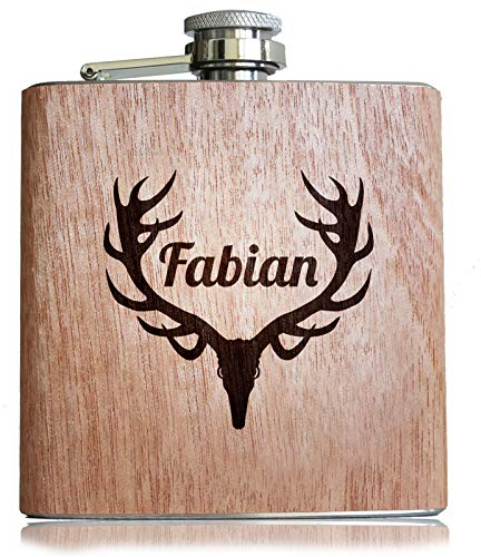 Flasque en bois avec nom gravé et bois de cerf - Cadeau personnel avec nom gravé pour chasseurs et chasseurs.