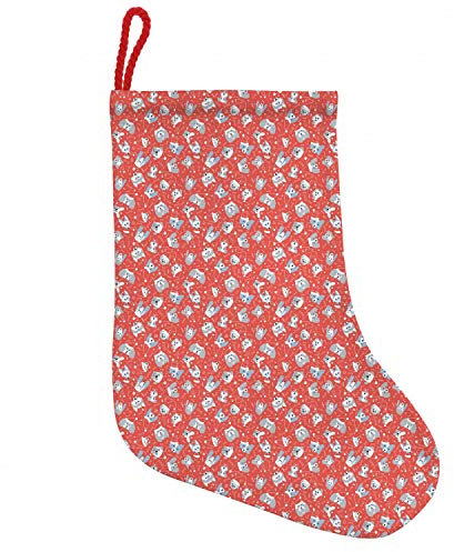 ABAKUHAUS Hunde Hängende Nikolausstiefel Weihnachtssocken, Hunde in Santa Claus Hüte Weihnachten, Weihnachtsstrumpf zum Aufhängen, 25x35cm, Dunkler Coral Pale Grau