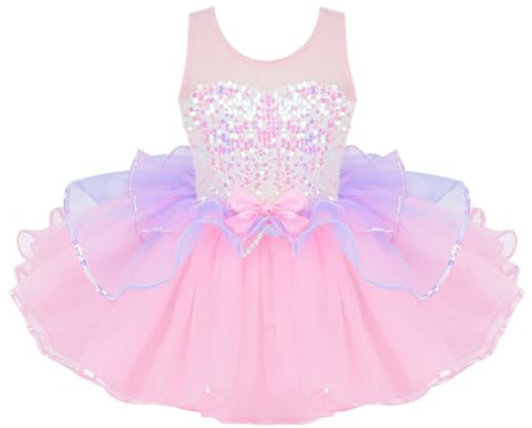Freebily Dansare för flickor karneval med paljetter Tutu regnbåge enhörning prinsessa balettbalett svansjön konståkning, Rosenröd, 2-3 år