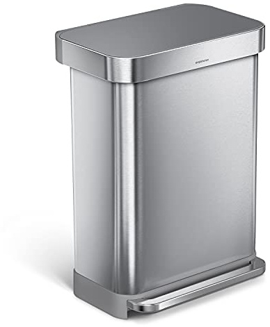simplehuman Rectangular Pedal Bin, 55L Kitchen Bin, Liner Rim System, Liner Pocket®, 150,000-Step Pedal, Lid Shox® Silent Close, Brushed Stainless Steel with Grey Plastic Lid