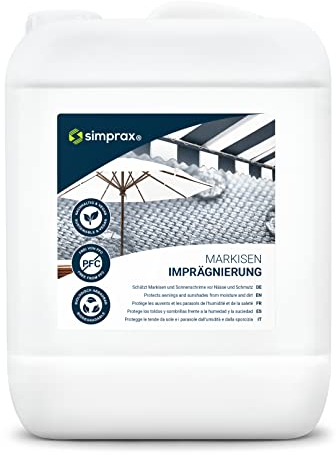 simprax® Spray Imperméabilisant Auvents Écologique & sans PFC - Protection Longue Durée Tissus Extérieurs, Parasols & Voiles d'Ombrage - Hydrofuge & Protection UV - Imperméabilisant Tissu, 5 L