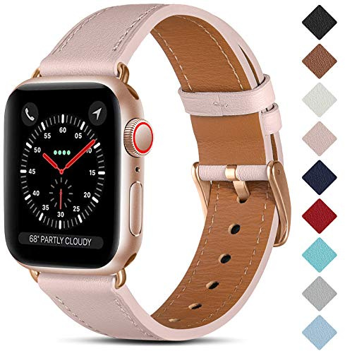 CeMiKa Bracelet en Cuir Compatible avec Apple Watch Bracelet 38mm 40mm 41mm 42mm 44mm 45mm 46mm 49mm, Cuir Véritable Bande Pour iWatch Séries 10 9 8 7 6 5 4 3 SE, 38mm/40mm/41mm, Rose/Or Rose