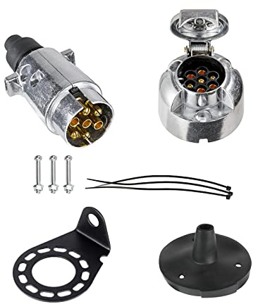 BEIJISTAR Kit de Prise Remorque en Métal 7 Broches Mâle et Femelle, avec Joint en Caoutchouc et Support de Montage en Métal, Selon ISO 1724, 12V Étanche Connecteur Prise Remorque, pour Caravane RV