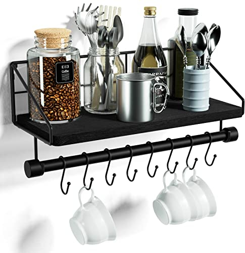 Alsonerbay Wandregal Küche Schweberegal küchenregal Wand mit 8 Abnehmbaren Haken und Handtuchhalter, Gewürzregal für Küche Wohnzimmer Badezimmer, Schwarz