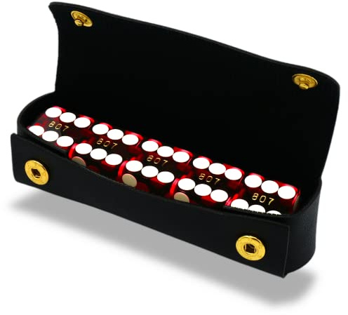 Luck Lab Grade AAA 19mm Casino Dice with Razor Edges and Matching Serial Numbers Set of 5 and Leather Dice Case (Red)