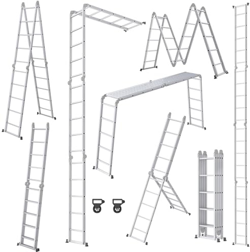 XMTECH Échelle pliante multifonction de 584 cm - Échelle pliante - Échelle articulée avec plateforme - Échelle en aluminium - Échelle multifonction - 6 en 1 - 4 x 5 marches - Argenté