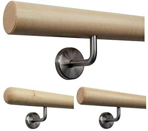 TIBU Handlauf Holz Ahorn Ø 50 mm für Geländer Länge 450 cm + 6 Halter und Enden gefast
