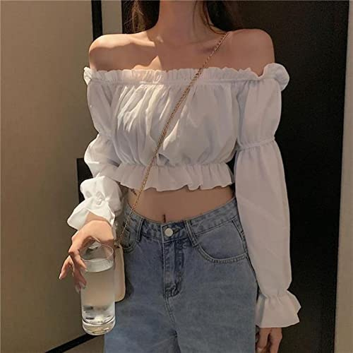 Vrouwen Top Sexy Blouse Off Shoulder Top Lange Mouwen Club Party Wit Shirt Bladerdeeg Mouw Ruche Tuniek Crop Top Zomer Tube Top