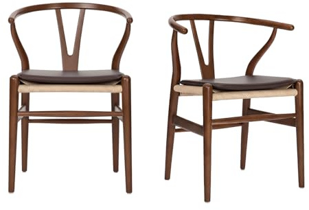 Forsho Set of 2 Solid Wood Wishbone Dining Chair with PU Soft Seat Cushion,Mid-Century Y Back Weave Dining Chair（Ash Wood - Walnut + Cushion）