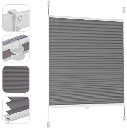 Sekey Plissee ohne Bohren Verdunkelung, Fenster Plissee Klemmfix Jalousie 95 cm breit, Verspannt Blickdicht Sonnenschutz Fensterollo, 95x130cm, Grau