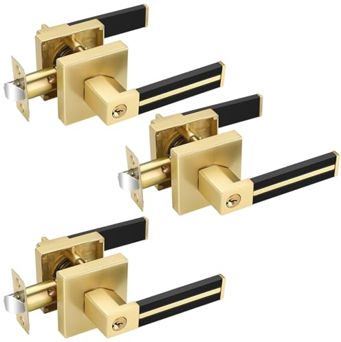 EHOMEWARE 3 Pack Keyed Alike Brass Door Handles with Black Leather Lever, Gold Entrance Door Lever for Bed and Living Room, Keyed Interior Door Handles, Locked Inside with Turn-Thumb | Gold Entry Door Locks for Bed and Living Room | Keyed Alike Interior Door Handles for Office/Apartment | Heavy-duty Design