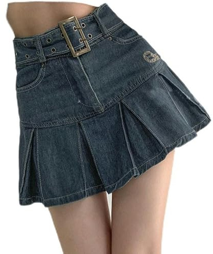 Falda Vaquera Plisada de Talle Alto de Verano Falda Acampanada Adelgazante Que Cubre el Cuerpo en Forma de Pera - Azul - 3XL