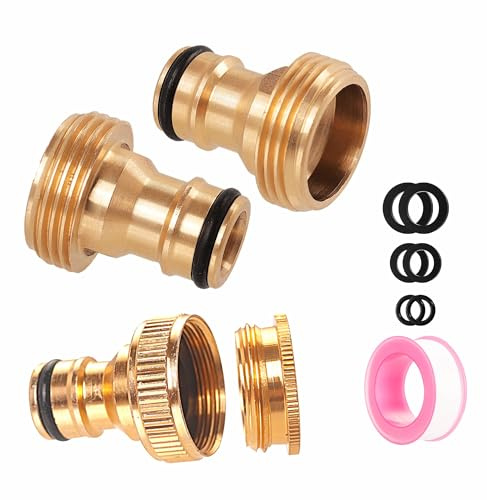 ZSYIULIA Brass Garden Hose Tap Connector,2pcs 3/4 inch Brass Male Threaded Tap Connector for Hose Pipe,1pcs 1/2 Inch&3/4 Inch 2-in-1 Female Threaded Faucet Adapter Hosepipe Fittings