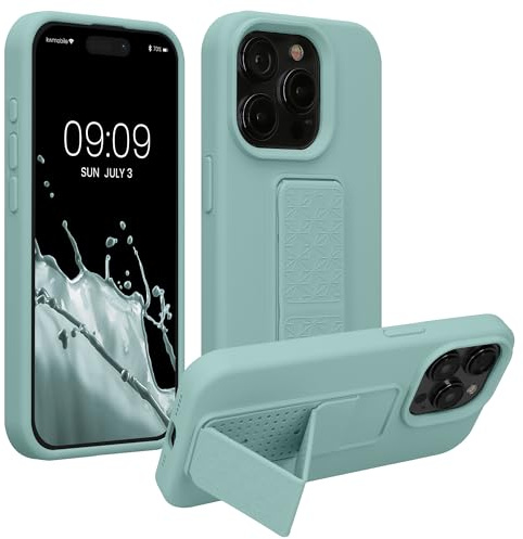 kwmobile Case for Apple iPhone 15 Pro Case - Soft TPU Cover with Silicone Coating - With Hand Strap and Stand Function - Shockproof - Mint