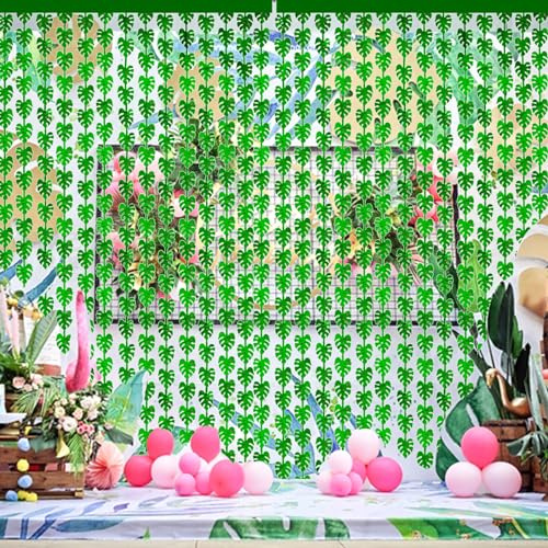 MAIGO 2 cortinas de flecos de papel de aluminio con hojas de palma verde, decoraciones de fiesta hawaiana, decoraciones de fiesta temática de selva, decoraciones tropicales de selva