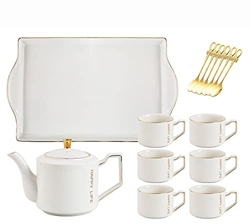 Ceramic Tea Set Set,Ceramic Tea Sets, China Coffee Set ，Tea Set, Porcelain Coffee Service Set White Tea Sets with Tray Teaspons, Tea Cup Teapot with 6 Cups, Modern Tea Service for Tea Coffee Water