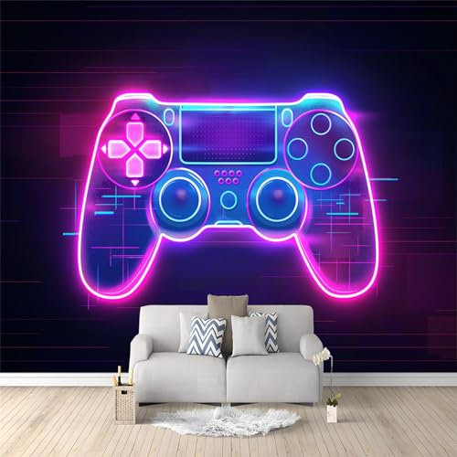 Art Photo Wallpaper Game Controller Neon Lights Non-Woven Living Room Bedroom Wall Decoration - Photo Mural- Gaming Room TV Background Wall Decor 150 x 105 cm