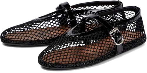 Ballerines tendance en maille pour femme avec bout rond et boucle Mary Jane, Noir , 39.5 EU