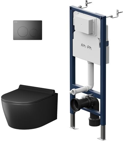 Pack WC suspendu Kit complet de WC suspendu, élément de paroi avant montage Prime Fit + WC mural noir sans rebord de chasse+ plaque de déclenchement + abattant WC avec système d'abaissement