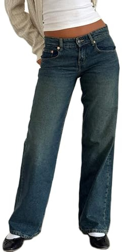 MASUCOR Vaqueros de Tiro Bajo para Mujer Vaqueros Anchos Rectos Holgados Estilo Y2k Estilo Boyfriend Estilo Urbano Vaqueros Azules Vintage de Los Años 90 Aspecto Desgastado y Usado(Dark Blue,S)
