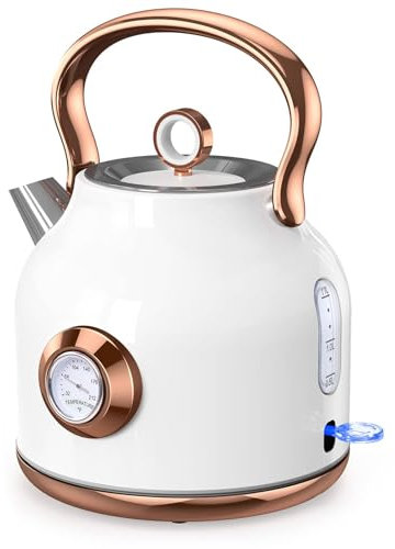 Retro Electric Kettle, 1.7L Stainless Steel Tea Kettle with Large Temperature Gauge, 2200W Fast Heating Hot Water Boiler with LED Indicator, Auto Shut-off & Boil-Dry Protection-Retro (white)