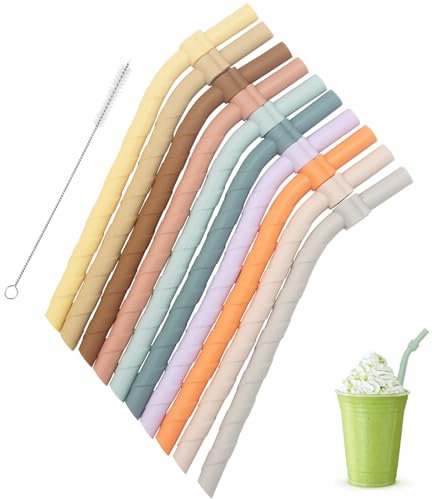 VirtuGro 10Pcs Silicone Straws Reusable Bendy Straws Colourful Drinking Straw Wide Smoothies Cocktail Milkshakes Straw with Cleaning Brush for Children & Elderly Juice Coffee Cold Hot Drinks