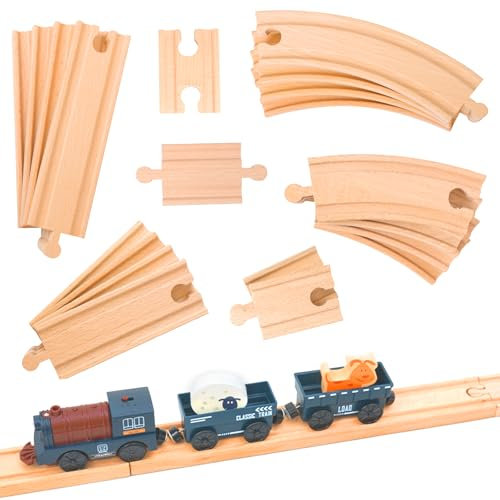 Zefphxs Holzeisenbahn Schienen, 20 Teile Buchenholz Holz Eisenbahn Kinder, Eisenbahn Holz für Kinder ab 3 Jahren mit den Meisten Spielzeugeisenbahnmarken