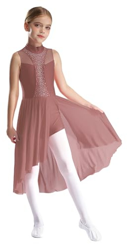 Freebily Enfant Fille Robe Danse Contemporaine Lyrique Asymétrique Robe Danse Latine Jazz Ballet Leotard Strass Costume Compétition Marron 13-14 Ans