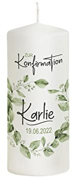 Scheinvoll® Konfirmationskerze Modern Blätterkranz personalisiert mit Namen, Datum und Spruch - Modell Green Cricle Karlie - Andenken und Deko zur Konfirmation (20 x 8 cm)