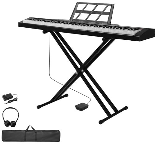 Bonnlo 88 Semi-Weighted Digital Piano with Keyboard Piano Action, Electronic Keyboards Bluetooth, Dual X-Stand, Sustain Pedal, for Beginners and Adults, Black