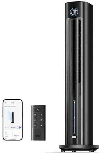 DREO Evaporative Air Swamp Cooler, 43 Cooling Fans that Blow Cold Air 2025 Upgraded, 85° Oscillating Floor Fan for Bedroom, Easy Cleaning, APP Control, Ice Packs, 4 Speeds & 4 Modes, 12H Timer, Black