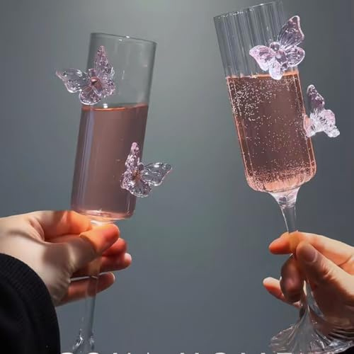 Lot de 2 verres à vin en forme de papillon rose 3D, verres à champagne romantiques pour mariage, fiançailles, cadeaux de fête (style lisse)