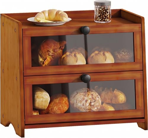 BAMBANG Panera para encimera de cocina, contenedor de almacenamiento de pan de bambú extragrande para pan casero, doble capa de masa madre Breadox, organizador de panera para mostrador, gabinete