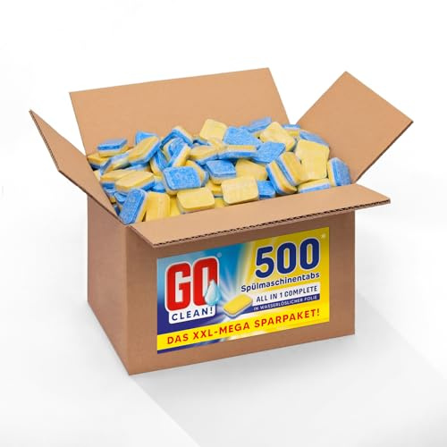 GO clean! Spülmaschinentabs All in One Complete – 10 kg ca. 500 Stück 20g, XXL-Sparpaket in wasserlöslicher Folie mit starker Reinigungskraft gegen Schmutz und Fett